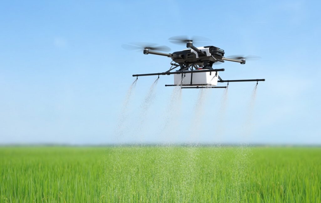 Drone spraying fertilizer on vegetable green plants, Agriculture technology, Farm automation. 3D illustration